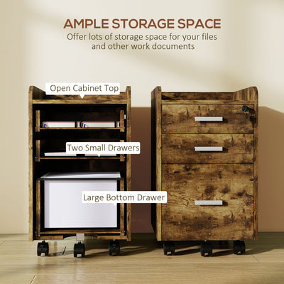 HOMCOM 3 Drawer Filing Cabinet with Lock, Rolling File Cabinet with Edged Top for Letter, A4 Size, Hanging File Folders 