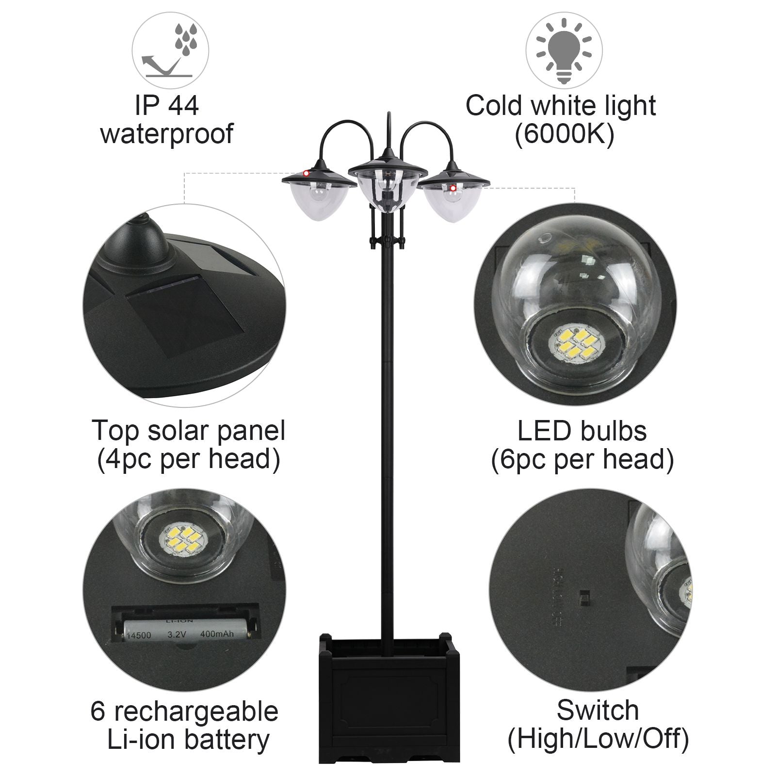 Outsunny 189cm 3-head Solar Lamp Post, Street Light with Planter, Automatic-on, 6 Hour Max Outdoor Ready LED Lighting, Black 