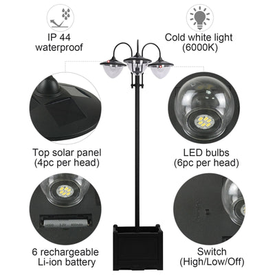 Outsunny 189cm 3-head Solar Lamp Post, Street Light with Planter, Automatic-on, 6 Hour Max Outdoor Ready LED Lighting, Black 