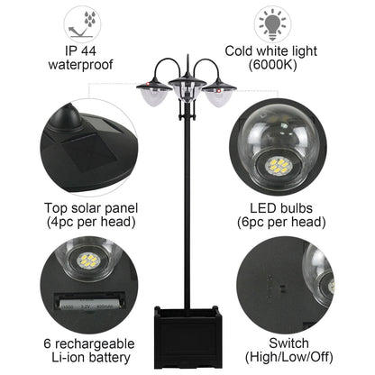 Outsunny 189cm 3-head Solar Lamp Post, Street Light with Planter, Automatic-on, 6 Hour Max Outdoor Ready LED Lighting, Black 