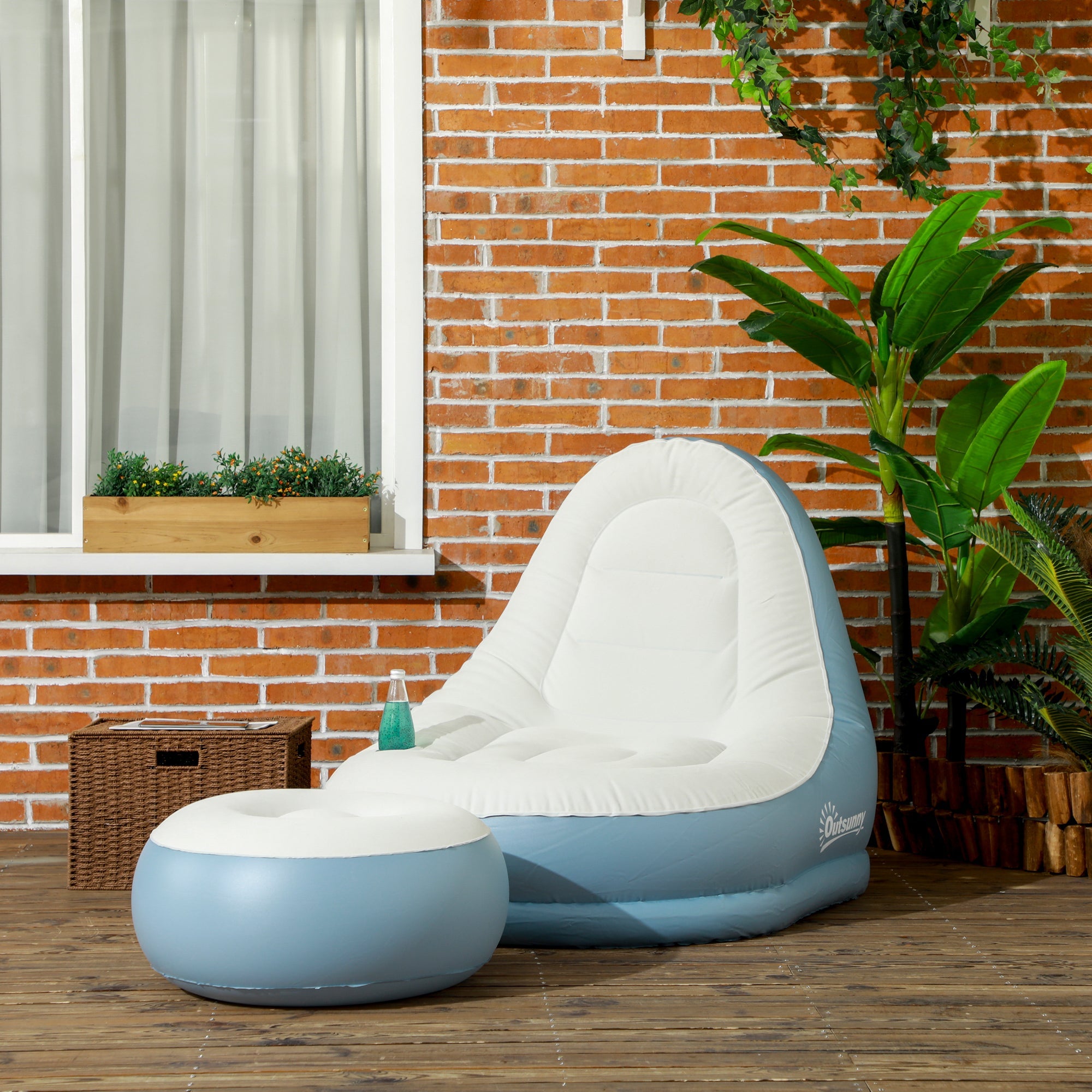 Outsunny Inflatable Tub Chair and Footstool - Blue/White 