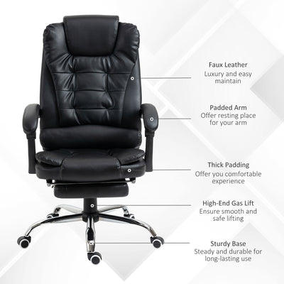 HOMCOM Executive Office Chair, PU Leather Home Office Chair with Swivel Wheels, Reclining Backrest, Retractable Footrest, Black 