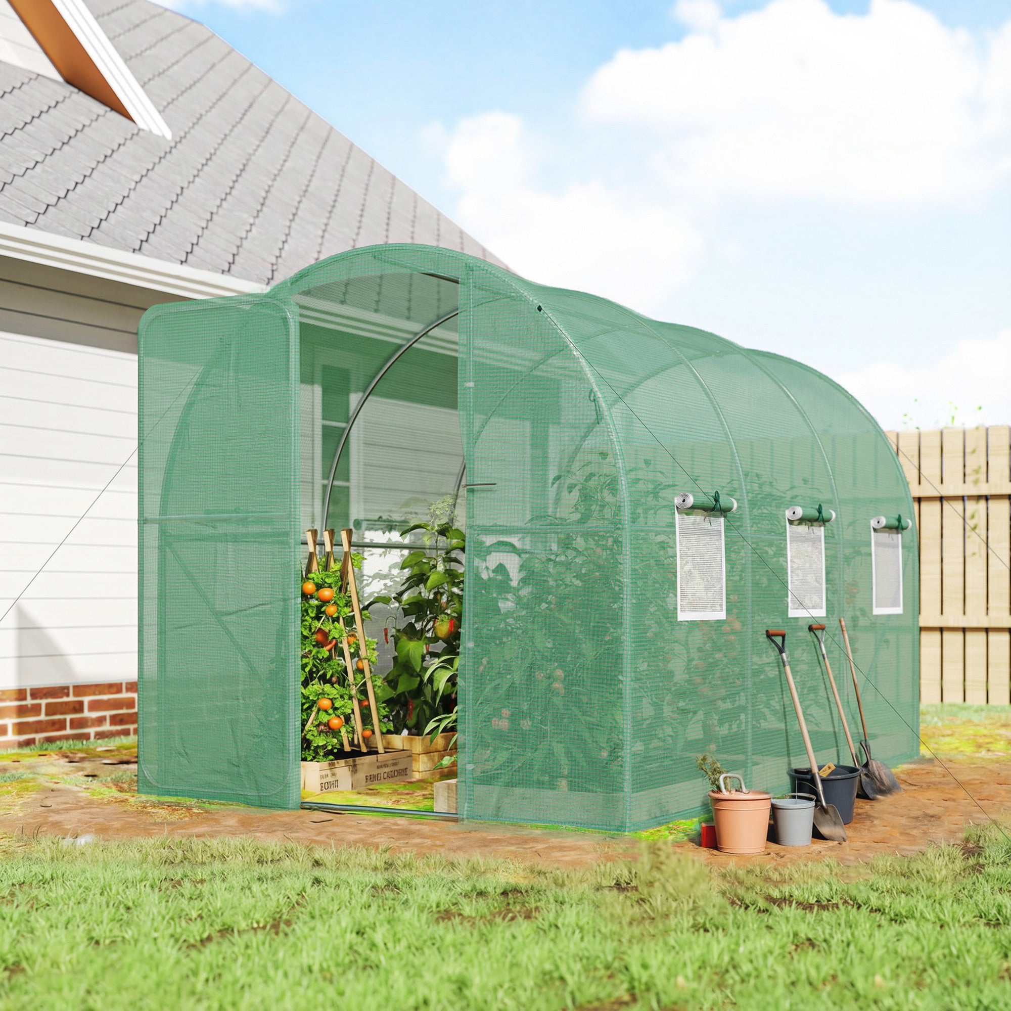 Outsunny 2 x 3 m Walk-in Polytunnel Greenhouse with Hinged Door and 6 Roll Up Mesh Windows, Garden Tunnel Warm House Tent, Green 