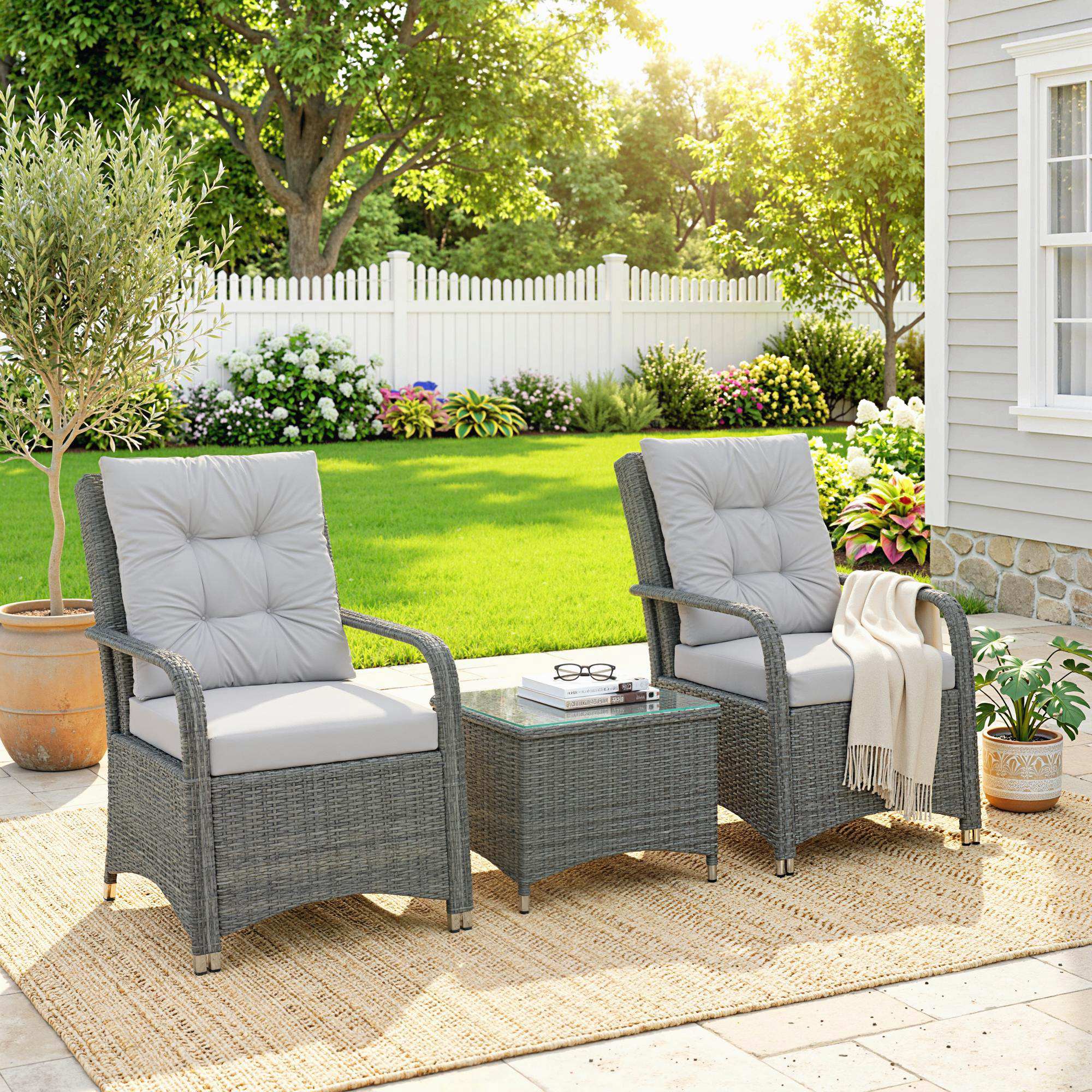 Outsunny 3 Pieces Rattan Bistro Set, Wicker Garden Furniture Set with Metal Frame, Cover, Glass Top Coffee Table, Light Grey 