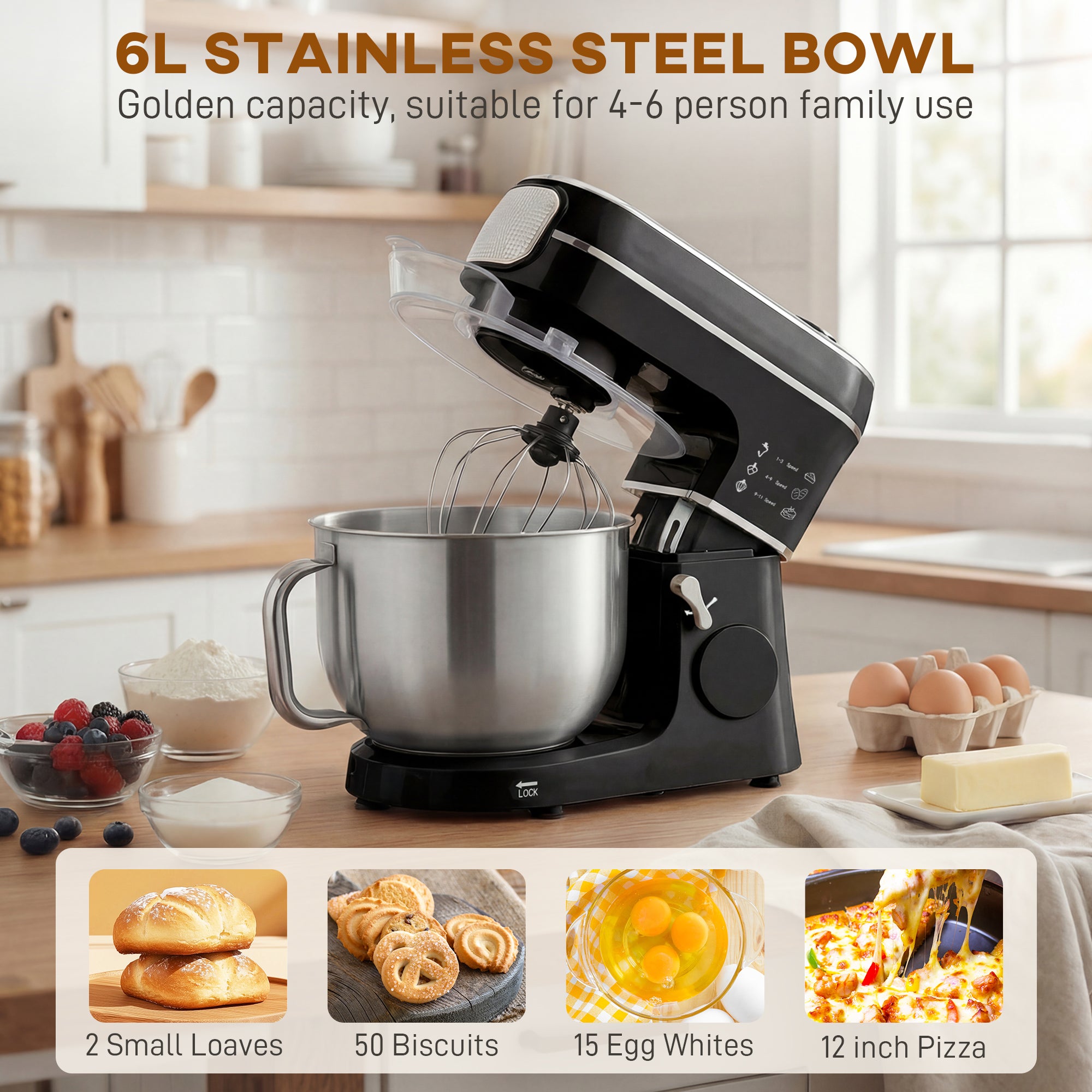 HOMCOM Stand Mixer, 6L 1400W Tilt-Head Food Mixer with 11 Speeds, Pulse & Fermentation Function, LED Display, Black 