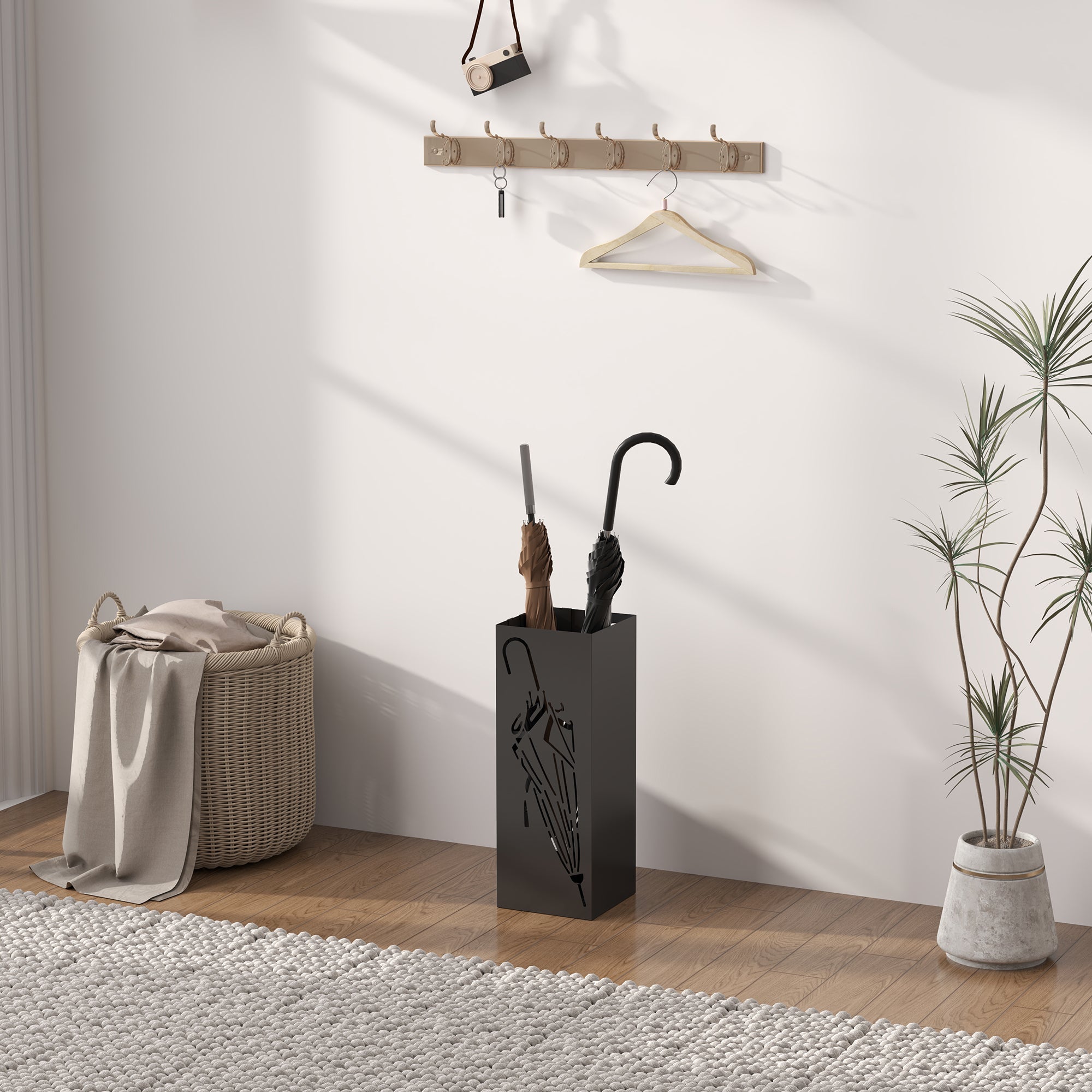 HOMCOM Metal Umbrella Stand, Square Umbrella Holder with 4 Hooks and Removable Drip Tray, Decorative Umbrella Storage Rack for Entryway, Hallway, 15.5 x 15.5 x 41 cm, Black 