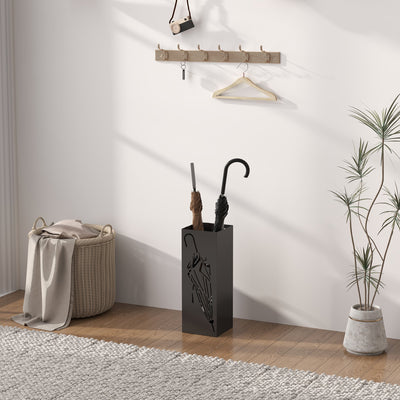 HOMCOM Metal Umbrella Stand, Square Umbrella Holder with 4 Hooks and Removable Drip Tray, Decorative Umbrella Storage Rack for Entryway, Hallway, 15.5 x 15.5 x 41 cm, Black 