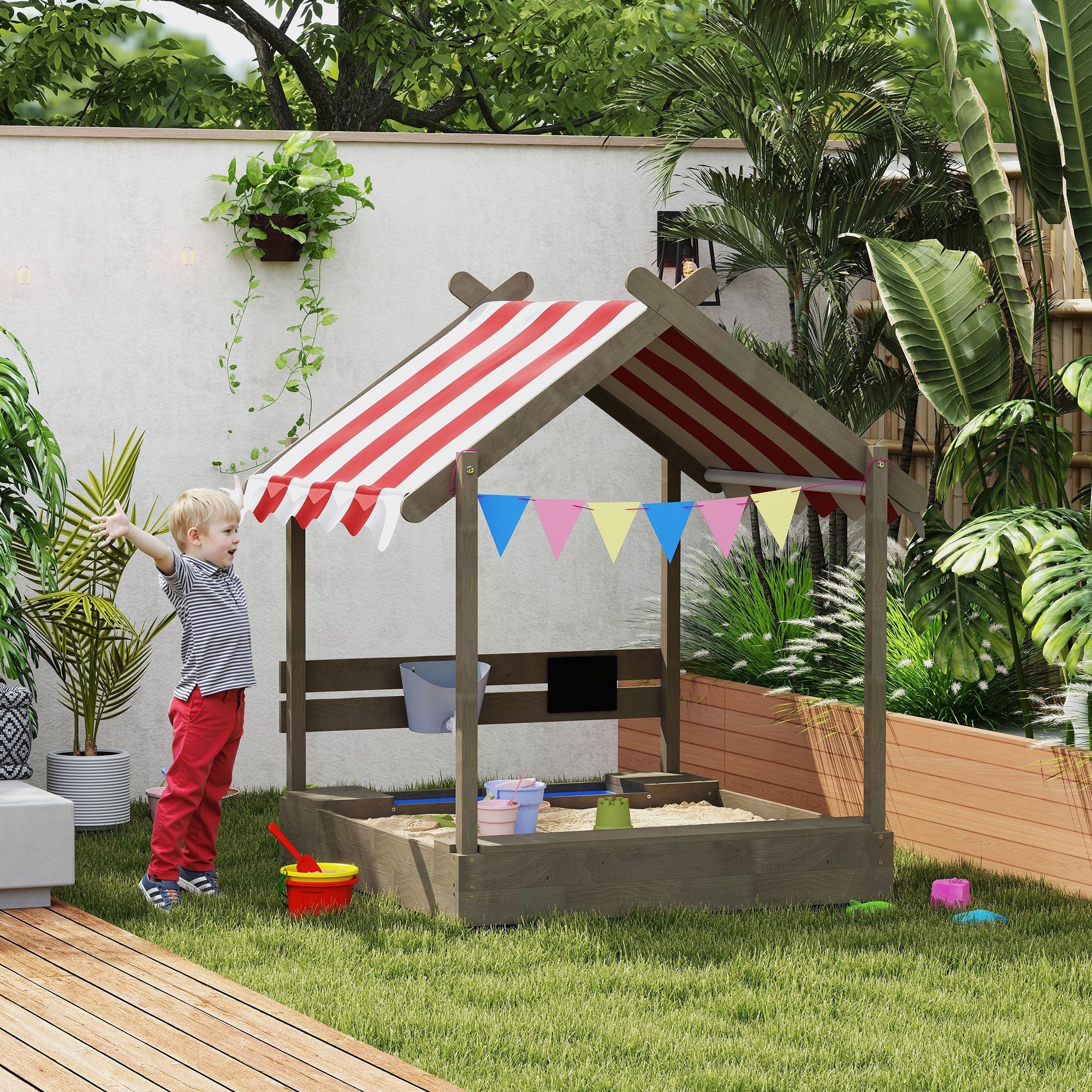 Outsunny House-Designed Wooden Sandbox, Outdoor Sandpit, with Blackboard, Toys, Sink, Seats, Flags, for Ages 3-7 Years - Grey 
