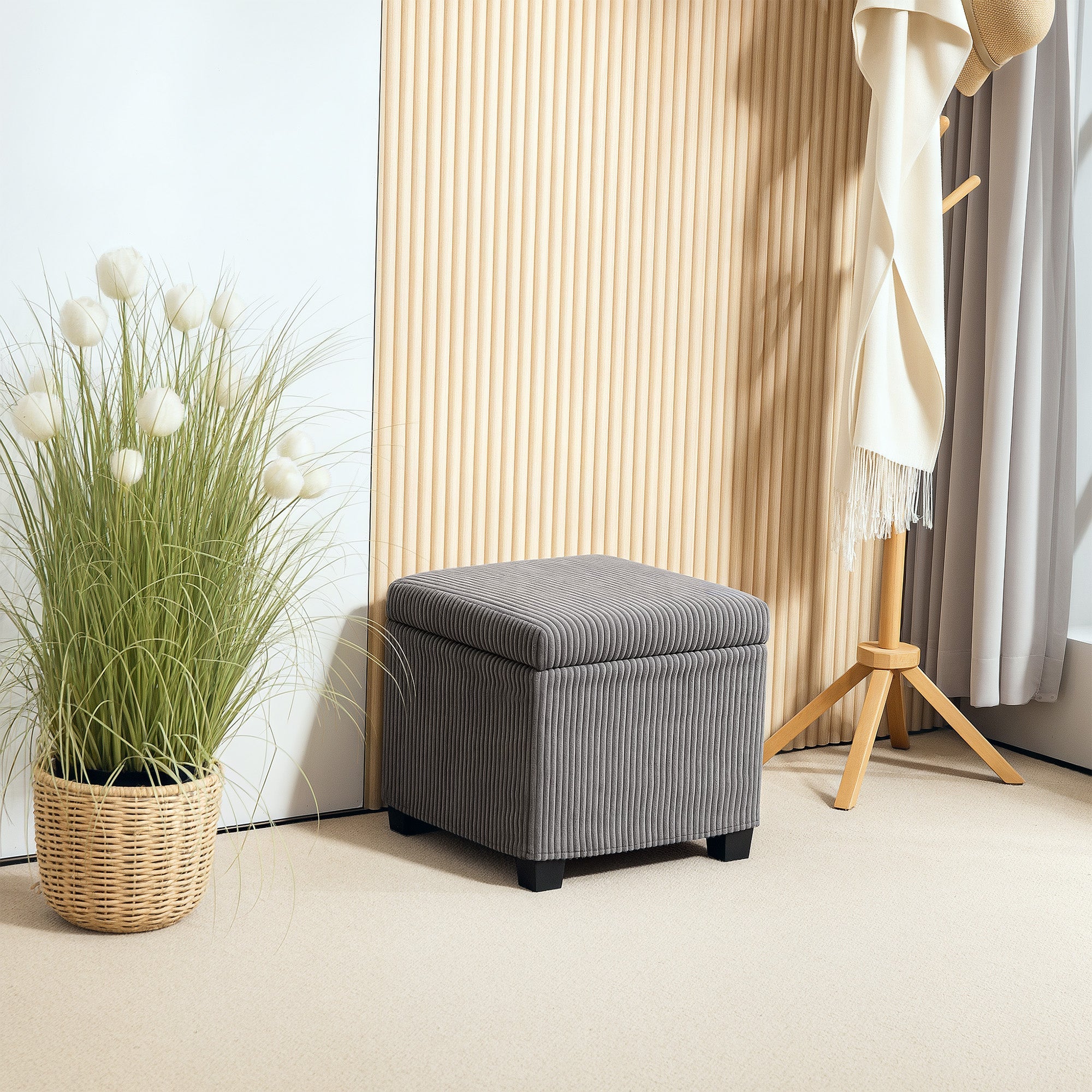 HOMCOM Storage Ottoman Bench, Corduroy Footstool with Removable Lid and Legs, 40cm Storage Chest Box for Living Room, Bedroom, Hallway, Grey 