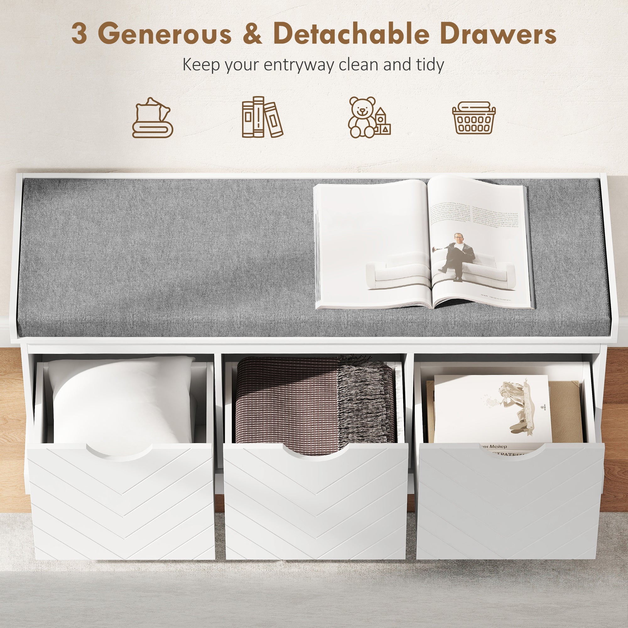 HOMCOM 3-Drawer Padded Shoe Bench with Breathable & Washable Linen-look Cover, White 