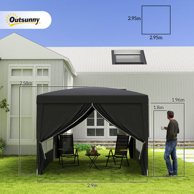 Outsunny 3 x 3(m) Pop Up Gazebo, Water and UV Resistant Party Tent Camping Canopy Marquee with  Carry Bag, Black 