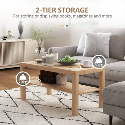HOMCOM 2-Tier Coffee Table with Storage Shelf, Rectangular Centre Table for Living Room, Home Office, Natural Wood Finish 