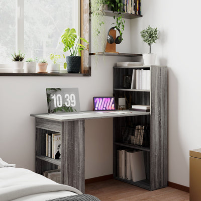 HOMCOM 120cm Modern Computer Desk Bookshelf Study Table Workstation PC Laptop Writing Home Office 6 Shelves, Grey Wood-Effect 