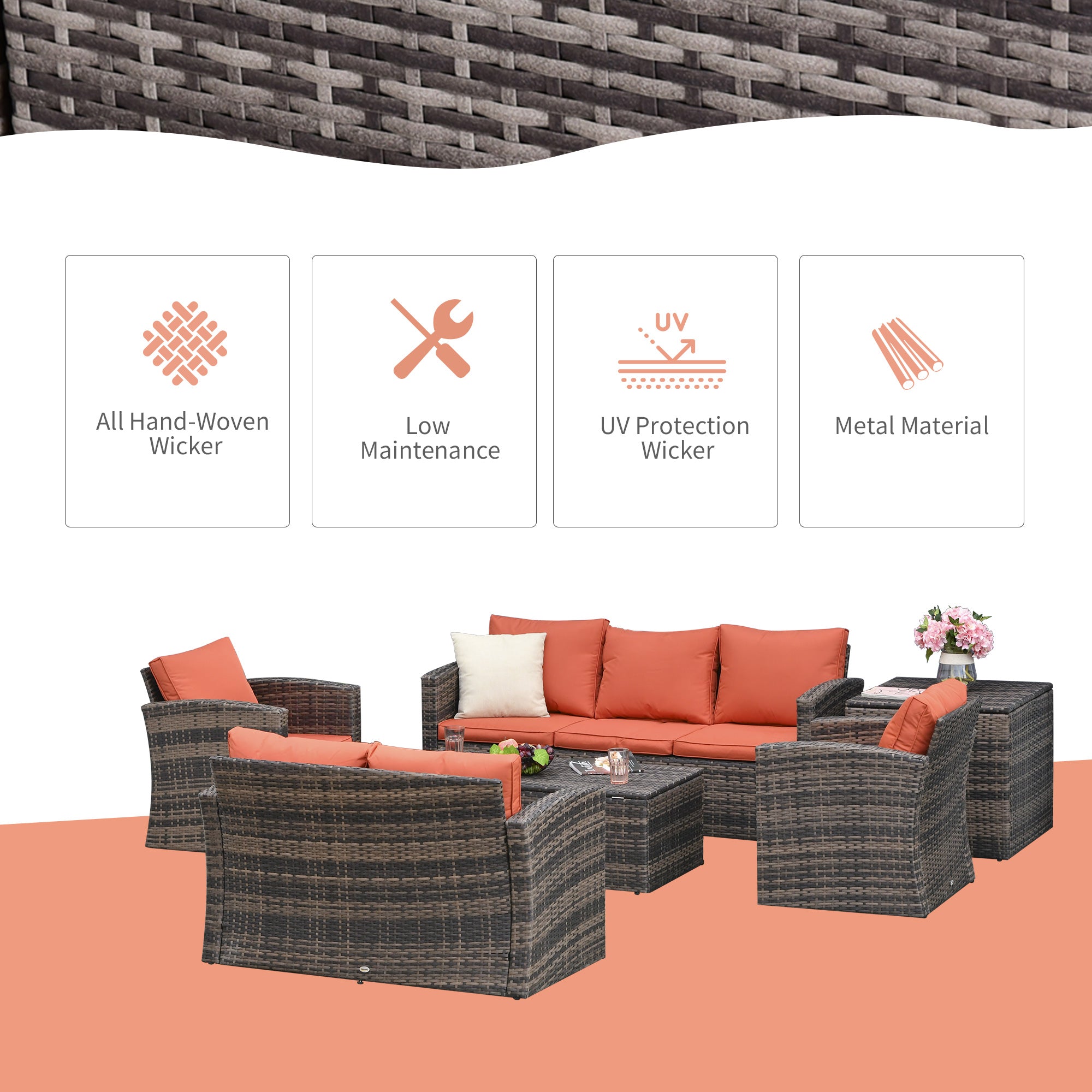 Outsunny 6 Pieces Rattan Garden Furniture Set, 7 Seater Wicker Outdoor Furniture Set with Storage Tea Table & Side Table, Sectional Garden Sofa Set with Cushions, Orange 