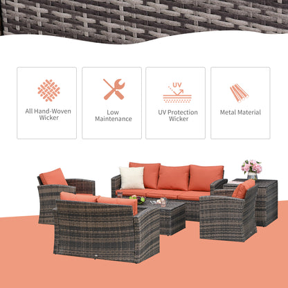 Outsunny 6 Pieces Rattan Garden Furniture Set, 7 Seater Wicker Outdoor Furniture Set with Storage Tea Table & Side Table, Sectional Garden Sofa Set with Cushions, Orange 