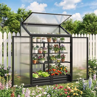 Outsunny Polycarbonate Greenhouse with Hinged Door, Top Vent, Lean-to Green House, Walk-in Greenhouse, 4 x 2ft, Black 