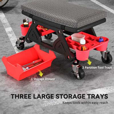 HOMCOM Rolling Mechanic Stool, 135kg Capacity Workshop Stool, 360° Swivel Roller Padded Creeper Seat with Wheels, Slide Out Tool Trays and Drawer for Garage, Shop, Auto Repair, Black 
