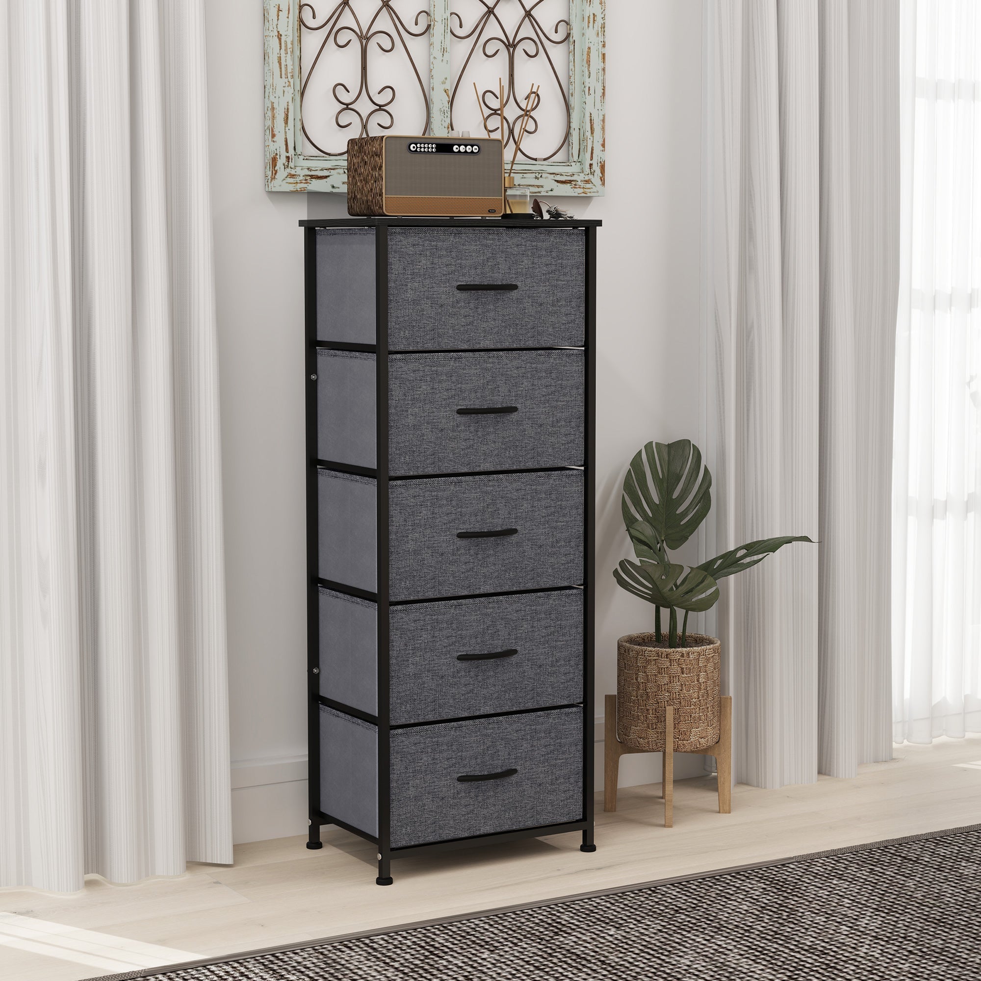 HOMCOM Fabric Chest of Drawers, Storage Drawers, Industrial Bedroom Dresser with 5 Fabric Drawers, Steel Frame and Wooden Top for Nursery, Living Room, Hallway, Dark Grey 