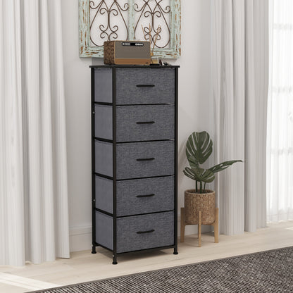 HOMCOM Fabric Chest of Drawers, Storage Drawers, Industrial Bedroom Dresser with 5 Fabric Drawers, Steel Frame and Wooden Top for Nursery, Living Room, Hallway, Dark Grey 