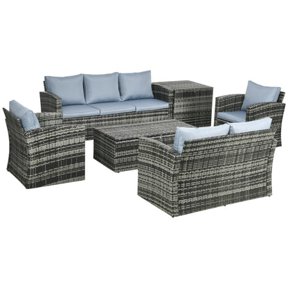 Outsunny 6 Pieces Rattan Garden Furniture Set, 7 Seater Wicker Outdoor Furniture Set with Storage Tea Table & Side Table, Sectional Garden Sofa Set with Cushions, Grey 
