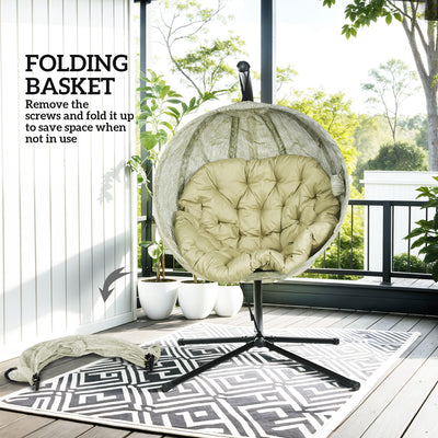 Outsunny Hanging Egg Chair Outdoor Indoor Garden Swing Chair with Folding Basket, Garden Hanging Chair with Stand, Thickened Cushion, Cup Holder for Patio, Balcony, Khaki 