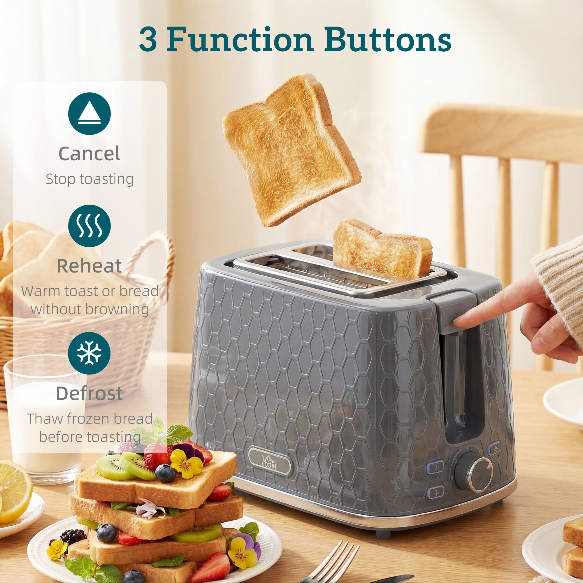 HOMCOM Kettle and Toaster Set, 1.7L 3000W Rapid Kettle with Limescale Filter, 2 Slice Toaster with 7 Browning Controls, Grey 