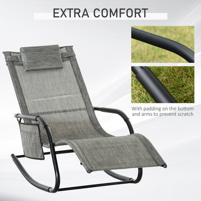 Outsunny Outdoor Garden Rocking Chair, Patio Sun Lounger Rocker Chair with Breathable Mesh Fabric, Removable Headrest Pillow, Armrest, Side Storage Bag, Dark Grey 