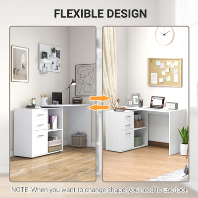 HOMCOM L Shaped Computer Desk, Reversible Home Office Desk with Drawers, File Cabinet and Storage Shelves, Study Table, 117 x 83.5 x 76cm, White 