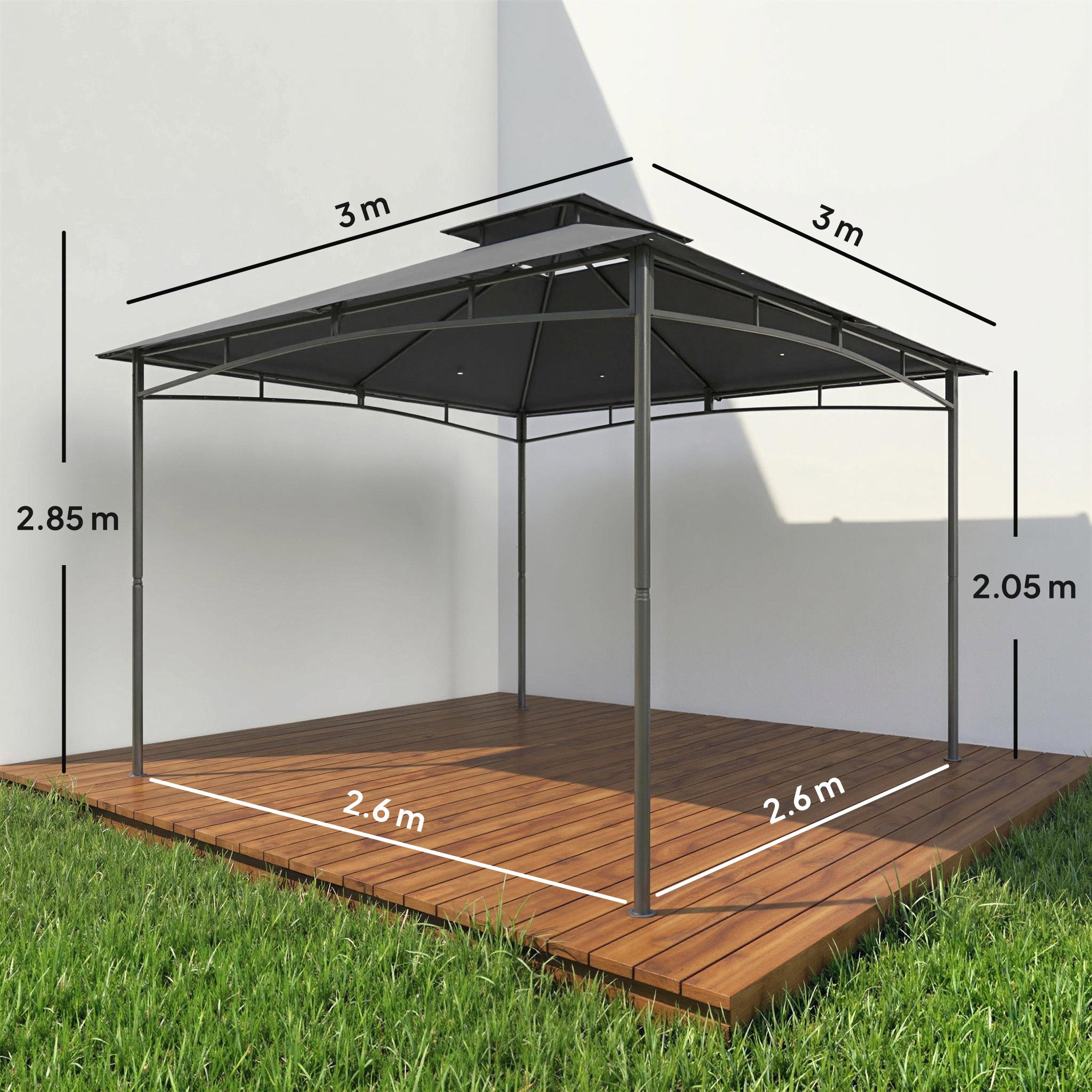 Outsunny 3 x 3 m Gazebo, Garden Gazebo with 2-Tier Roof, Metal Frame, Dark Grey 