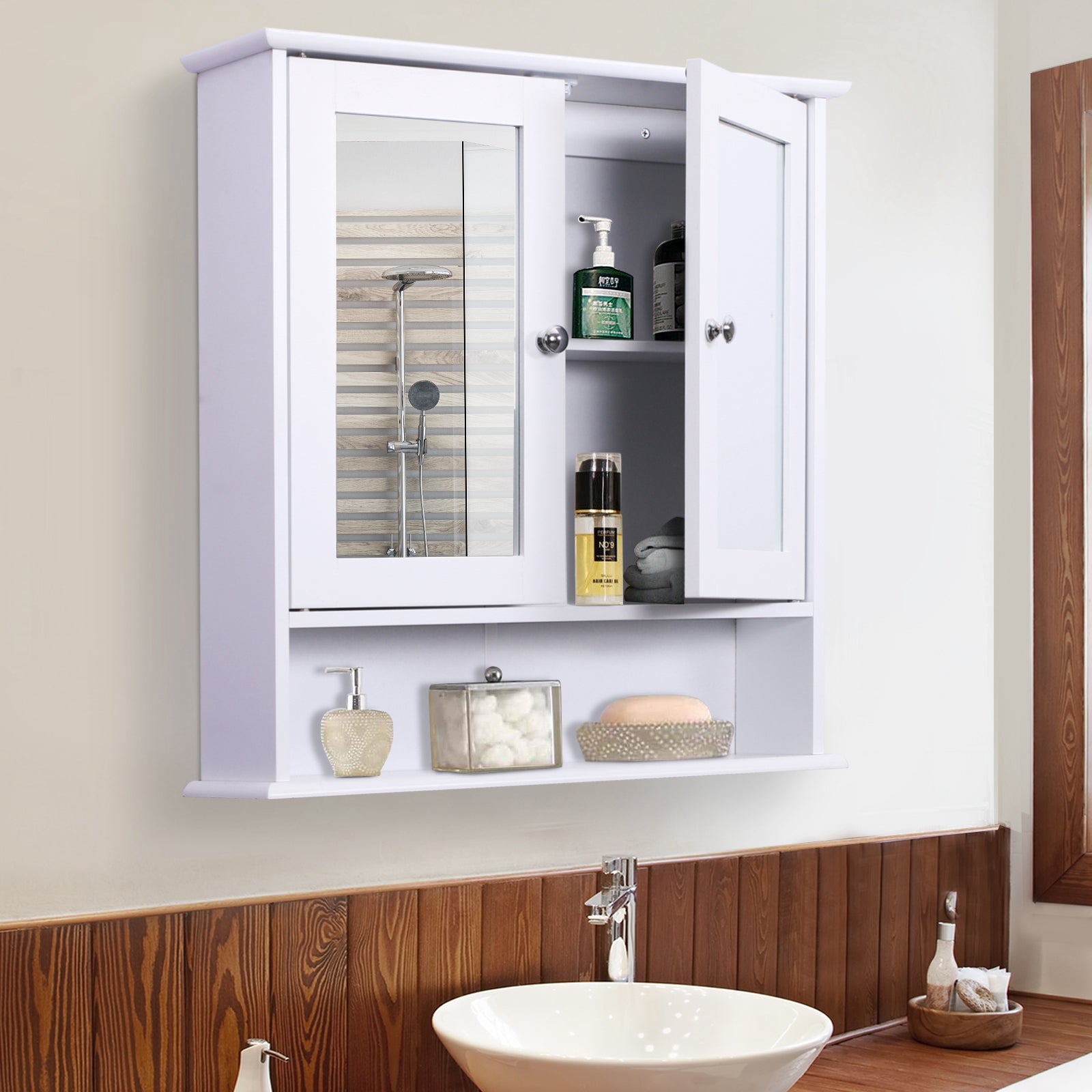 kleankin Wall-mounted Bathroom Cabinet Mirror Door Organiser Storage Shelves Living Room White 