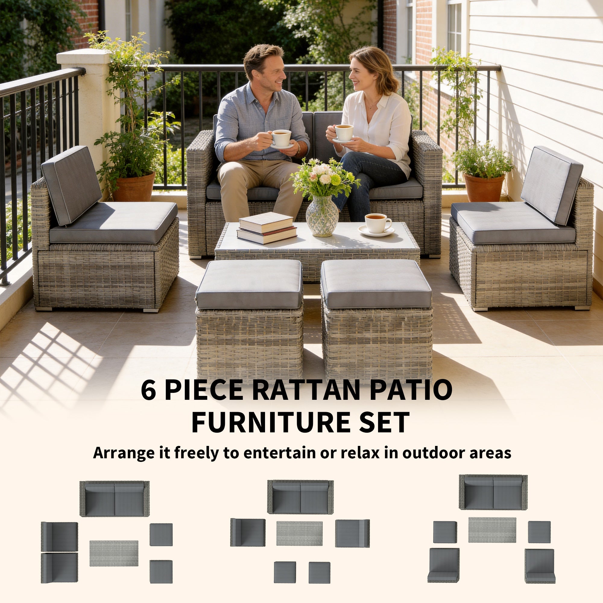 Outsunny 6 Piece Rattan Garden Furniture Set, Nesting Patio Conversation Set with Loveseat, Chairs, Table, Footstools, Dark Grey 