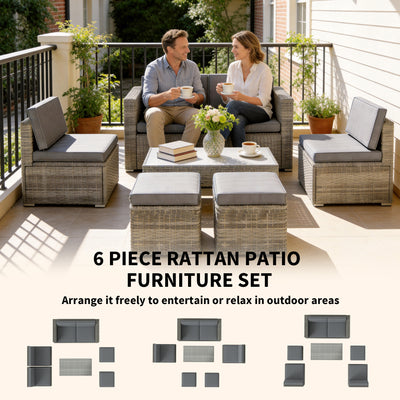Outsunny 6 Piece Rattan Garden Furniture Set, Nesting Patio Conversation Set with Loveseat, Chairs, Table, Footstools, Dark Grey 