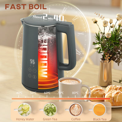 HOMCOM Digital Kettle and Toaster Set, 1.5L 3000W Fast Boil Kettle, 2 Slice Toaster Kitchen Set with 7 Level Browning Controls, Defrost, Reheat, Keep Warm, Crumb Tray and LED Touch Display, Grey 