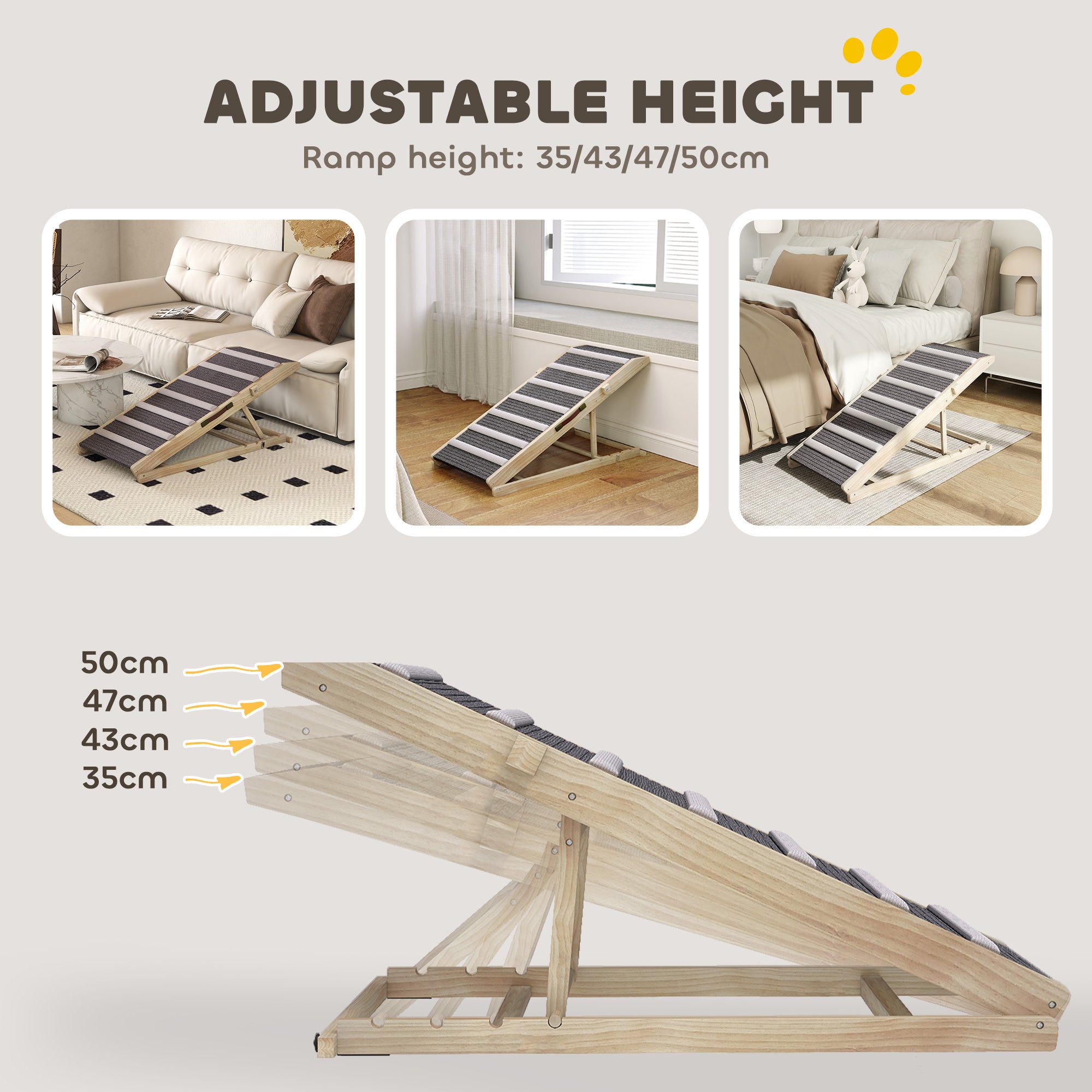 PawHut Dog Ramp for Couch, Adjustable Folding Pet Ramp, 4 Adjustable Height Dog Climbing Ladder, 35/43/47/50 cm Height 