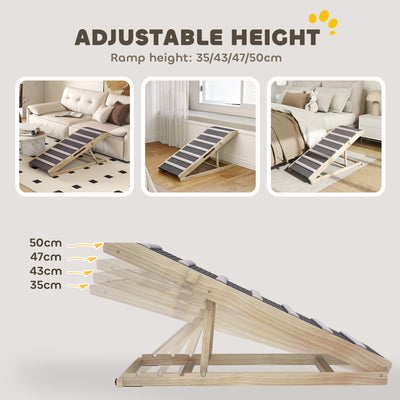PawHut Dog Ramp for Couch, Adjustable Folding Pet Ramp, 4 Adjustable Height Dog Climbing Ladder, 35/43/47/50 cm Height 