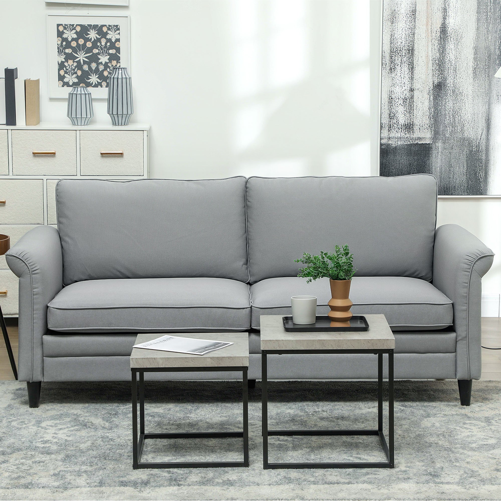 HOMCOM 3 Seater Sofa, Modern Fabric Sofa Couch with Spring Cushion, Rubber Wood Legs, 191cm Upholstered Settee for Living Room, Bedroom, Home Office, Guest Room, Grey 