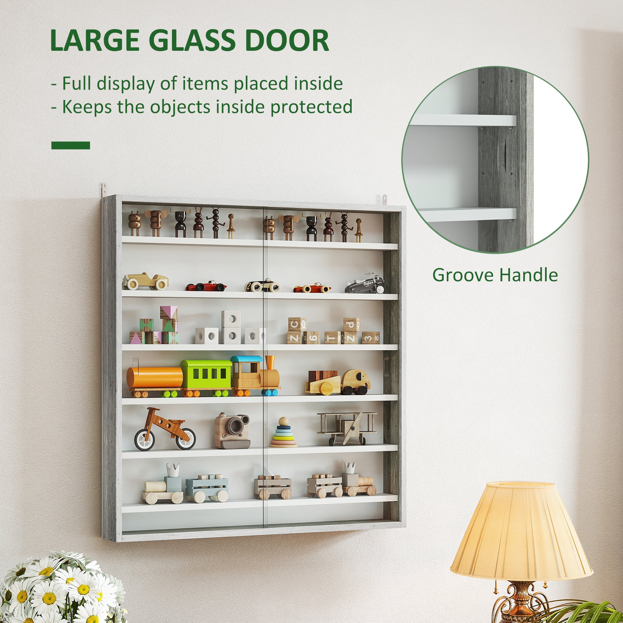 HOMCOM Six Shelf Display Cabinet, with Glass Doors - Graphite Wood Effect