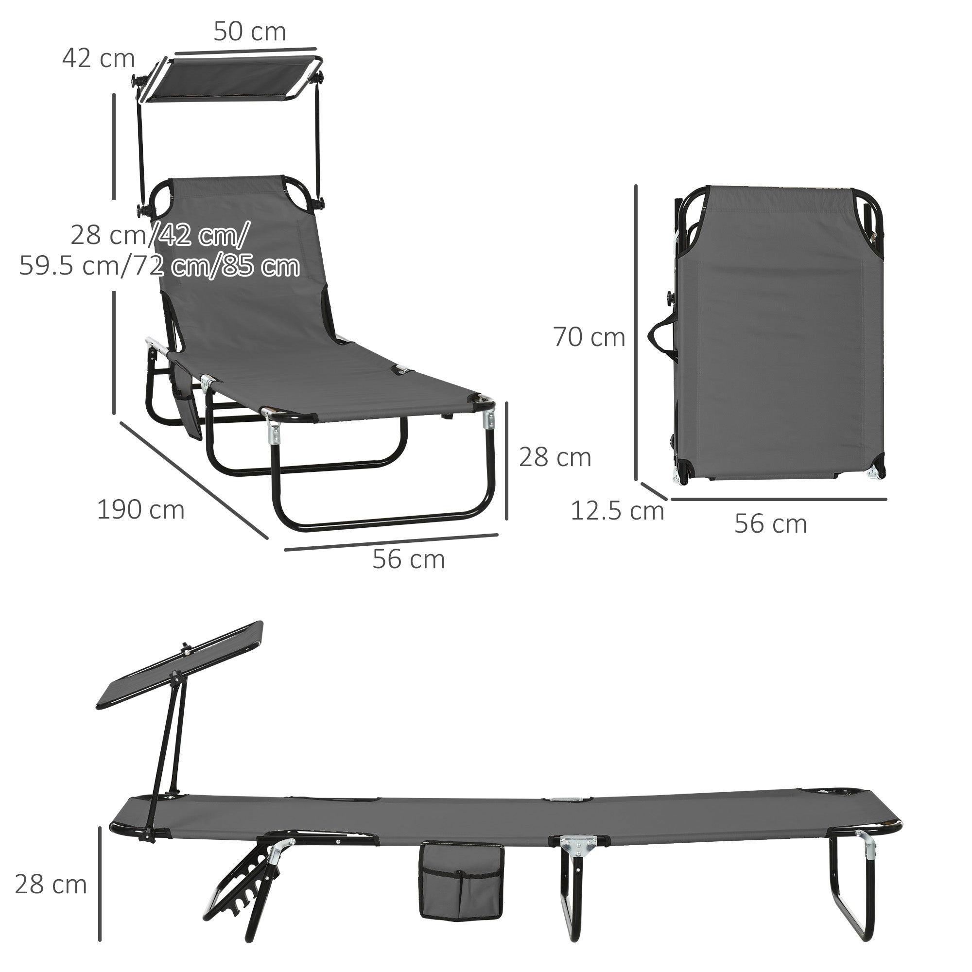 Outsunny 2 Piece Folding Sun Loungers with Canopy, Adjustable Recliner Garden Chairs with Side Pocket, Steel Frame and Breathable Mesh for Outdoor, Pool, Beach, Garden, Dark Grey