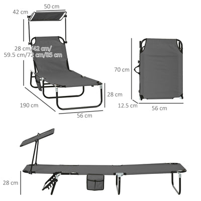 Outsunny 2 Piece Folding Sun Loungers with Canopy, Adjustable Recliner Garden Chairs with Side Pocket, Steel Frame and Breathable Mesh for Outdoor, Pool, Beach, Garden, Dark Grey 
