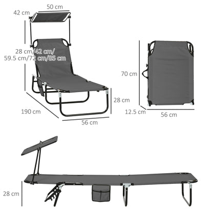 Outsunny 2 Piece Folding Sun Loungers with Canopy, Adjustable Recliner Garden Chairs with Side Pocket, Steel Frame and Breathable Mesh for Outdoor, Pool, Beach, Garden, Dark Grey
