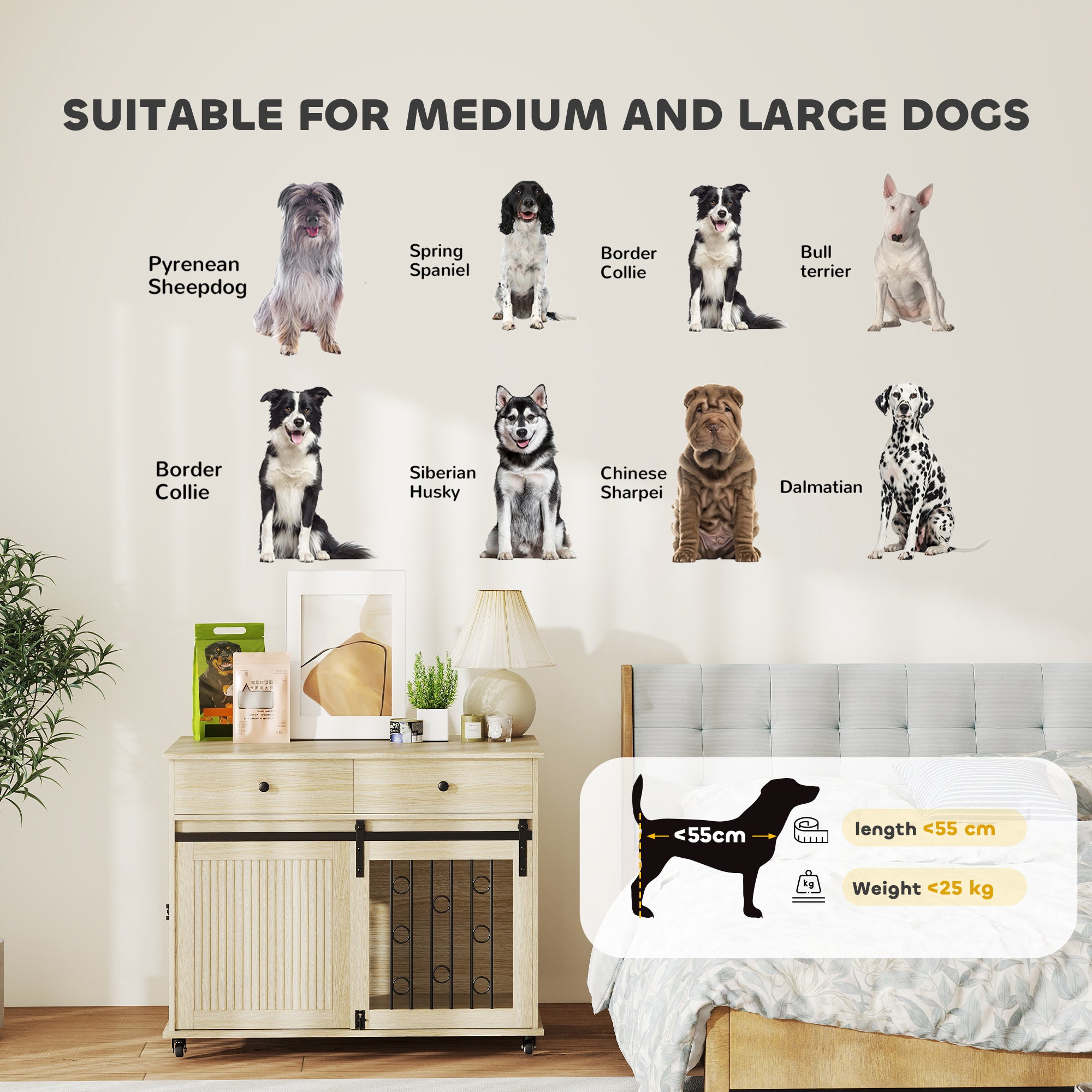 PawHut Dog Crate Furniture on Wheels, Dog Cage with 2 Drawers, Sliding Door, for Medium Large Dogs, Oak Tone 