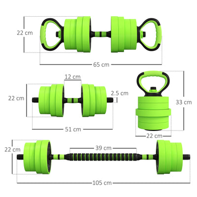 SPORTNOW 30kg Four-In-One Adjustable Weight Dumbbells Set, Barbell, Kettlebell, Push Up Stand - Green 