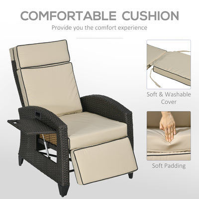Outsunny Outdoor Recliner Chair with Adjustable Backrest and Footrest, Cushion, Side Tray, Khaki 