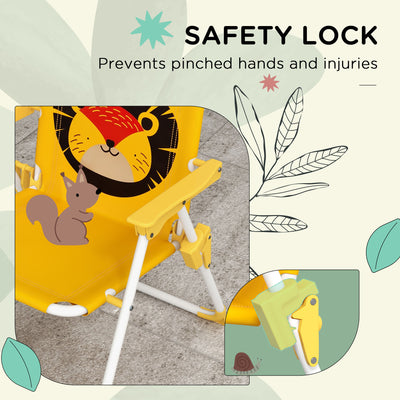 Outsunny Kids Picnic Table and Chair Set, Lion Themed Outdoor Garden Furniture w/ Foldable Chairs, Adjustable Parasol - Yellow 