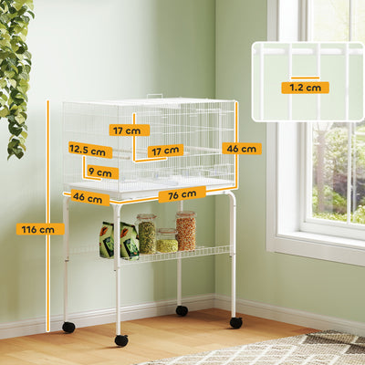 PawHut Bird Cage with Divider, 4 Wooden Perches, Slide Out Tray, 4 Feeders, for Budgie, Lovebird, Canary, 76 x 46 x 116cm White 