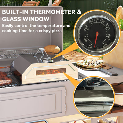 Outsunny 8 in Portable Stainless Steel BBQ Grill Top Pizza Oven with Built-in Thermometer and Viewing Window for Gas and Charcoal BBQ Grills, Includes Carry Handles, Pizza Stone and Peel, Silver Tone 
