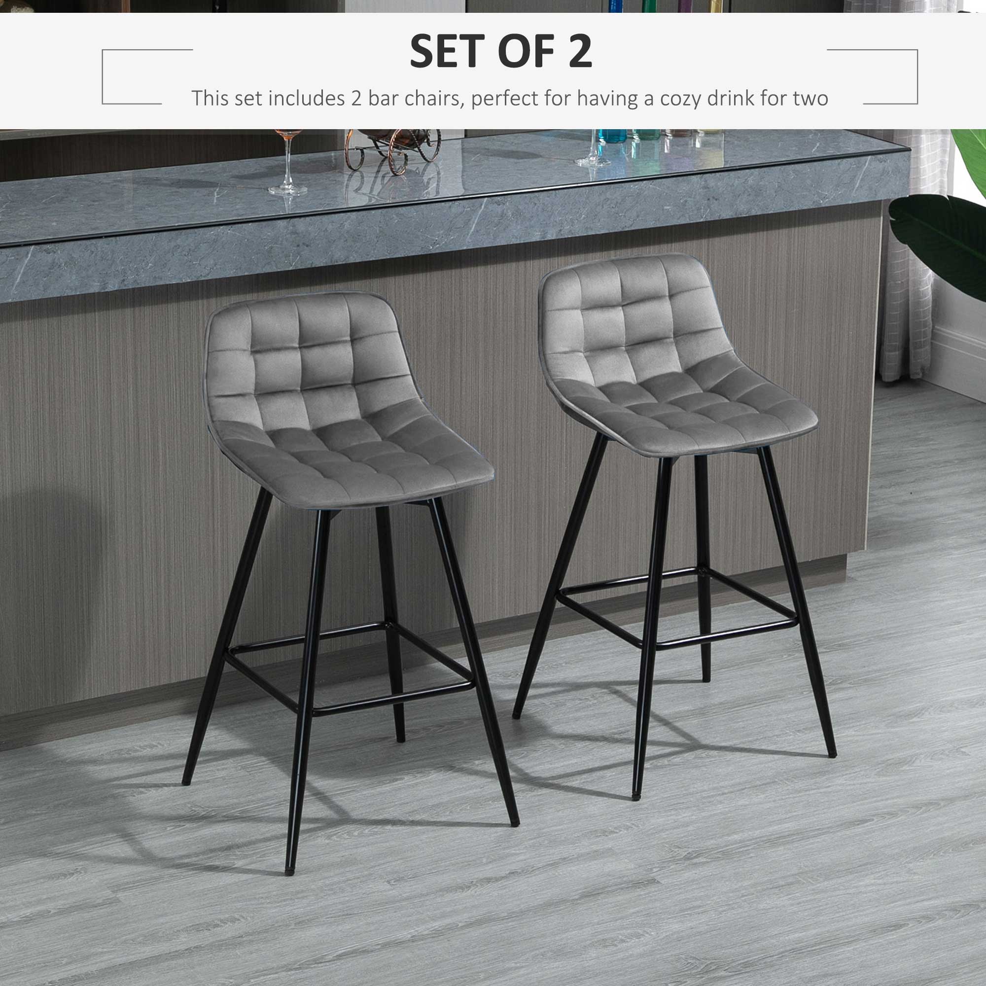HOMCOM Set of 2 Bar Stools Velvet-Touch Dining Chairs Kitchen Counter Chairs    Fabric Upholstered seat with Metal Legs, Backrest, Grey 