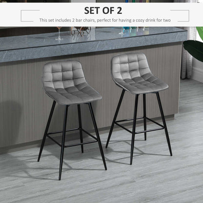 HOMCOM Set of 2 Bar Stools Velvet-Touch Dining Chairs Kitchen Counter Chairs    Fabric Upholstered seat with Metal Legs, Backrest, Grey 