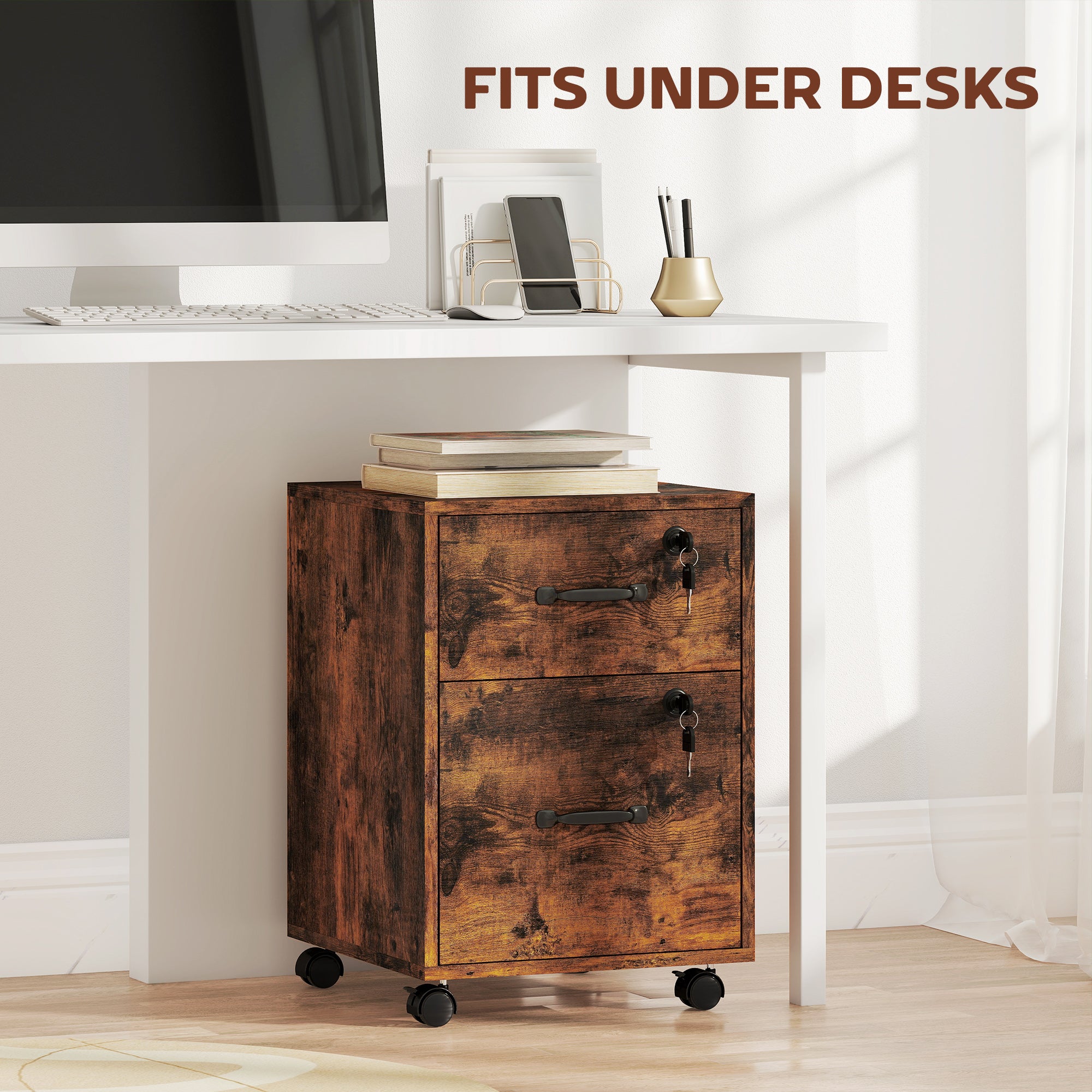 HOMCOM Rolling File Cabinet with 2 Drawers, Mobile Filing Cabinet with Hanging File Folder for Letter Sized Documents, Rustic Brown 