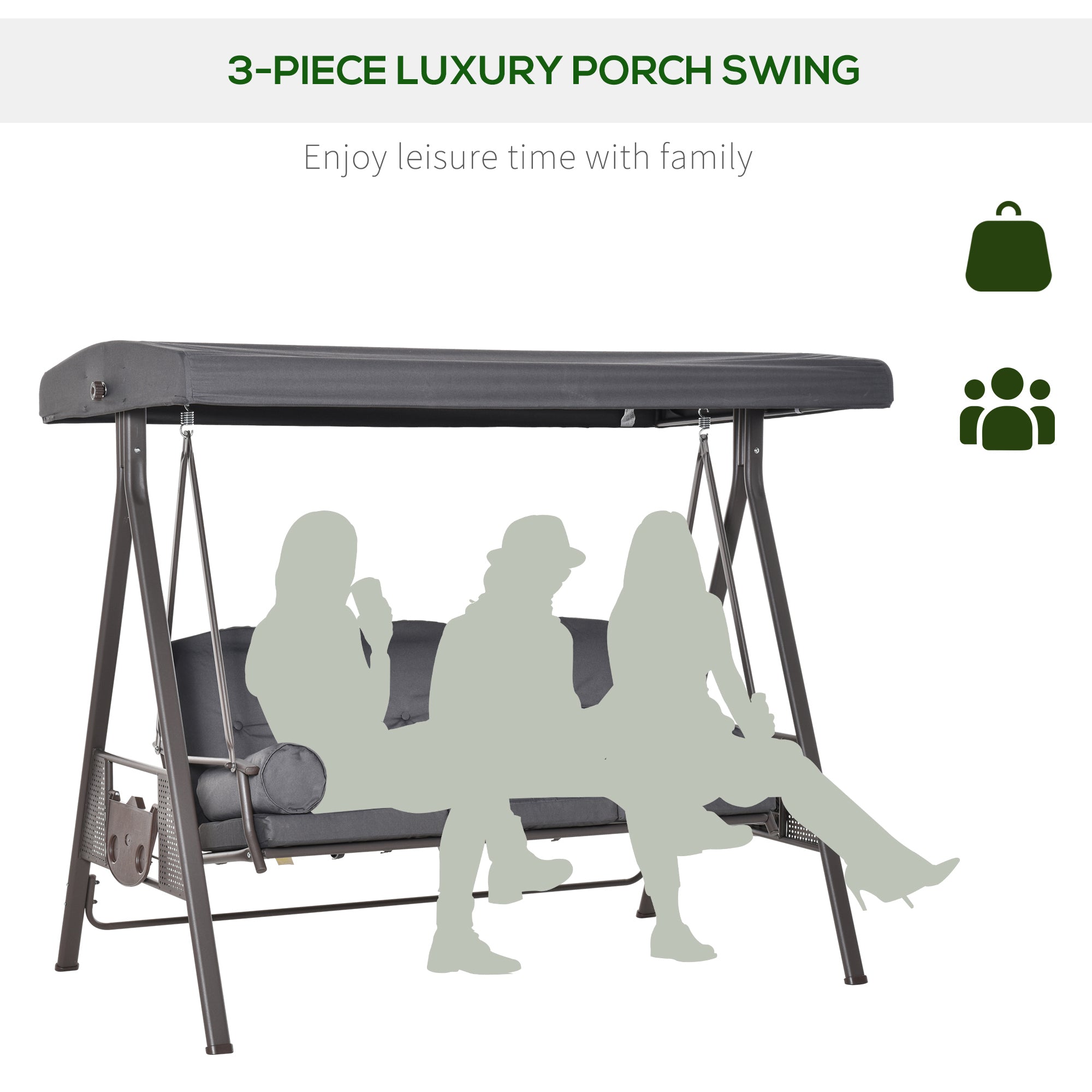 Outsunny 3 Seater Garden Swing Chair Outdoor Hammock Bench w/ Adjustable Canopy, Cushions and Cup Trays, Brown Steel Frame, Dark Grey Fabric 